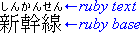 左側の下側には、左から右へと日本語の表意文字3個がある。その上側には、半分のサイズの平仮名が6個ある。右側には、矢印2本と、'ruby base' (下側), 'ruby text' (上側) というテキストとがある。